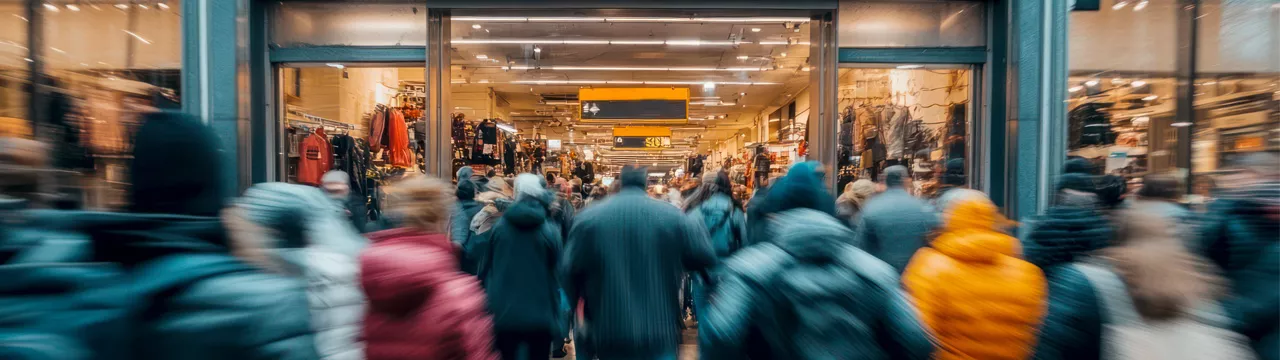 blurred group of people going into a shop