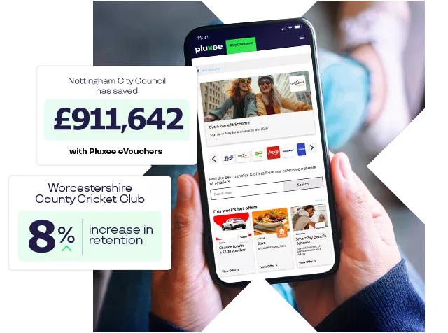 Person holding a mobile phone with our Employee Benefits Platform on the screen
