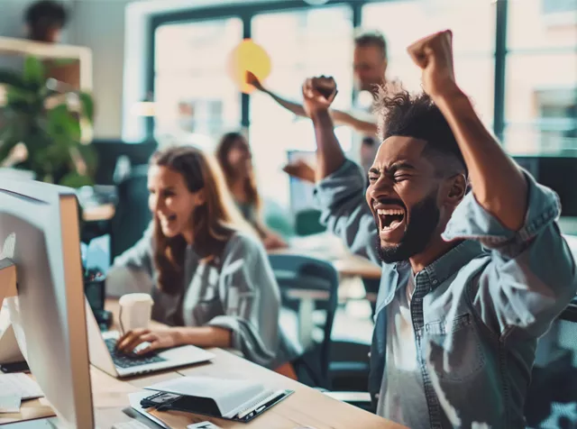 man at his desk celebrating