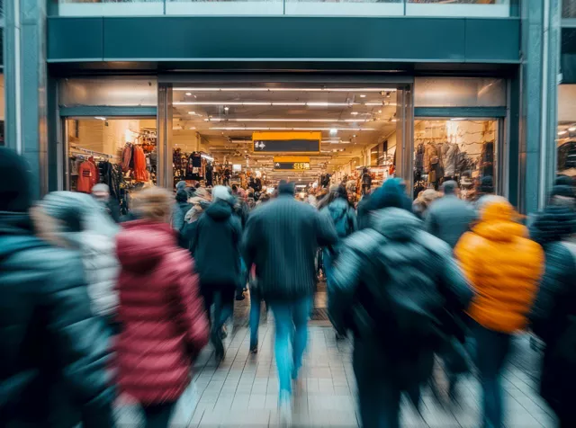 blurry image of lots of people going to a shop