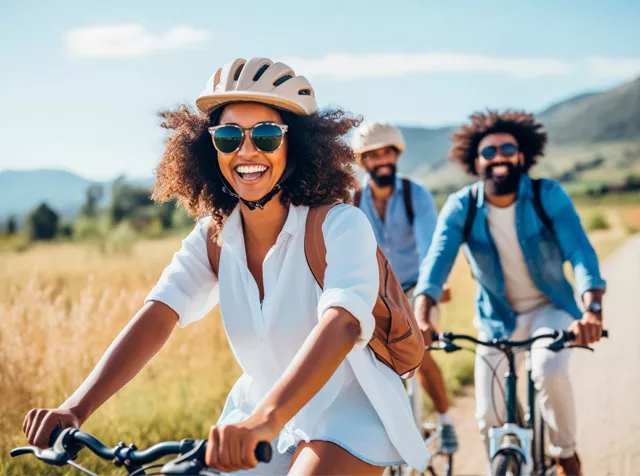 group of friends riding a bike