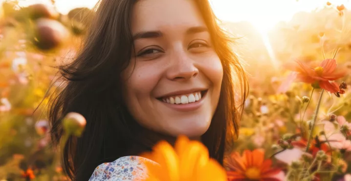 Woman in a field full of tall flowers