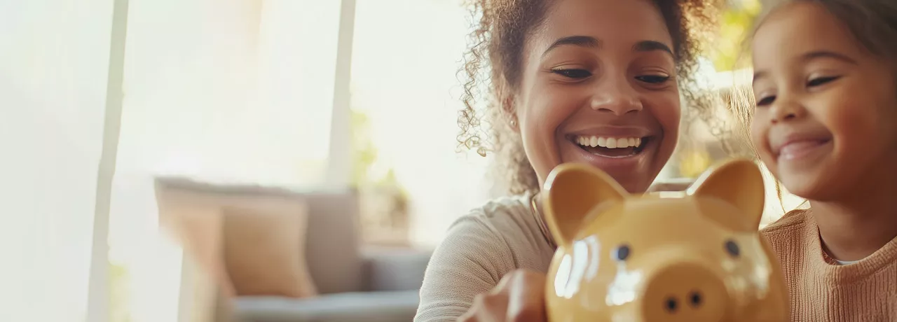 Mum and daughter with a piggy bank for Debt Awareness week Blog