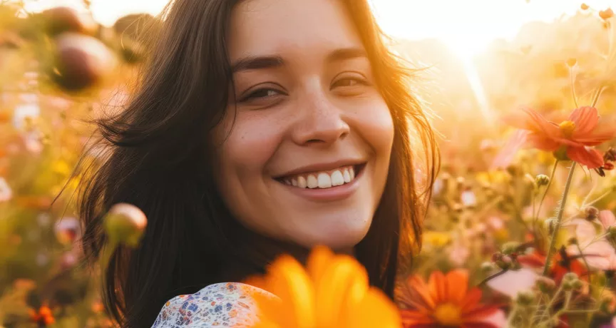 Woman in a field full of tall flowers