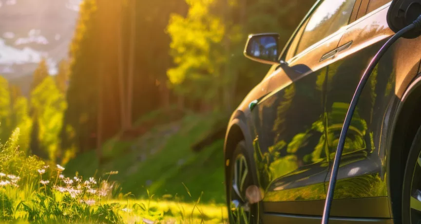 electric car surrounded by greenery
