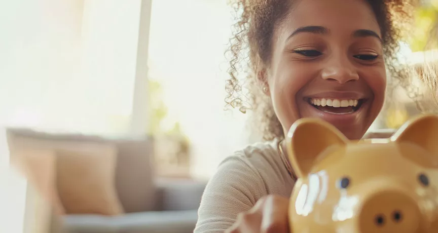 Mum and daughter with a piggy bank for Debt Awareness week Blog