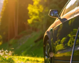 electric car surrounded by greenery