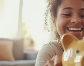Mum and daughter with a piggy bank for Debt Awareness week Blog